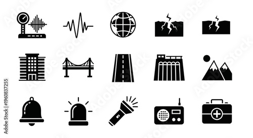 Black silhouette icons related to earthquakes infrastructure and emergency preparedness arranged in three rows
