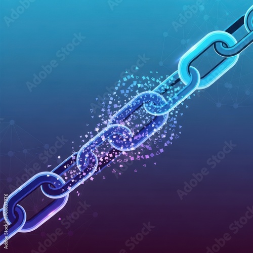 Futuristic Digital Chain Links with Glowing Particles Breaking Apart. Blockchain, Data, and Cybersecurity Technology Concept.