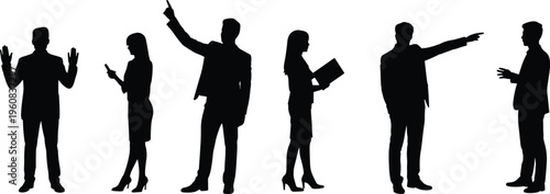 Business people silhouette collection, professional figures in workplace poses with gestures and communication, office interaction illustration, cad drawing flat vector illustration