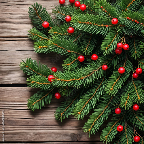 Festive evergreen branches with red berries on rustic wood.