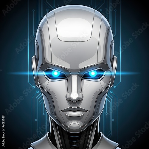 Advanced AI Humanoid Robot Head with Bright Blue Eyes and Digital Background, Futuristic Technology Concept