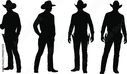 Cowboy silhouette collection, western figures with hats and boots, classic wild west stance illustration, cad drawing flat vector illustration
