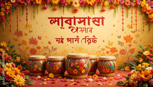Capturing the spirit of a cultural celebration with vibrant flowers and decorative drums, conveying joy and tradition.