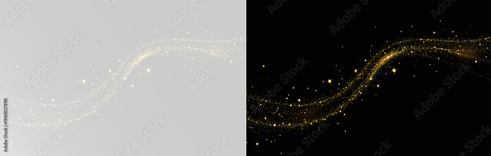 Obraz premium Luxury golden light wave with shimmering magic dust and bokeh particles png