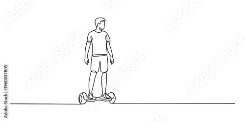 Continuous line drawing of a young man riding a self balancing electric hoverboard scooter