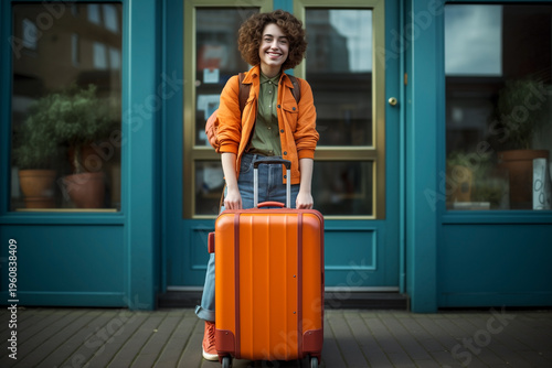 girl smiling in tourist clothes with orange suitcase