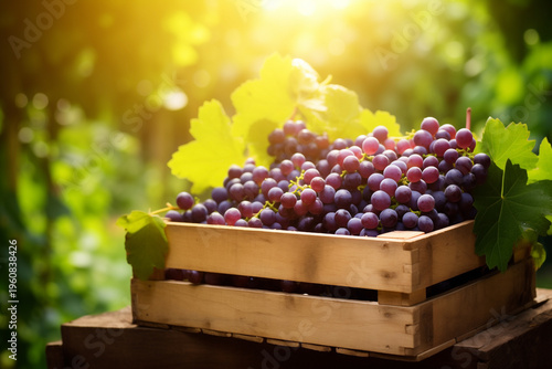 grapes fresh in wooden crate on blurred background