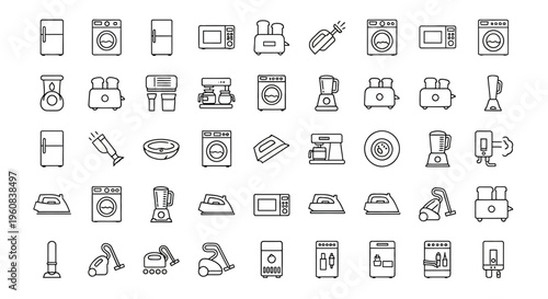 black line icons of household appliances and devices