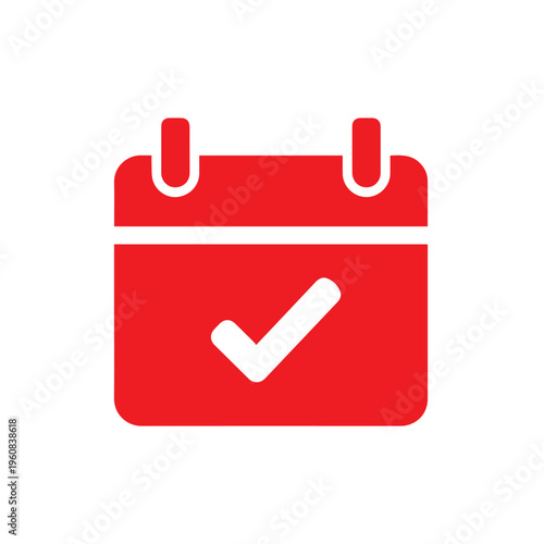 Bright red calendar icon featuring a prominent white checkmark indicating a successful scheduled event or completion.