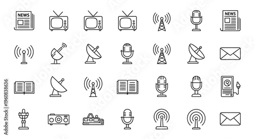 Black and white line icons set of communication and media symbols