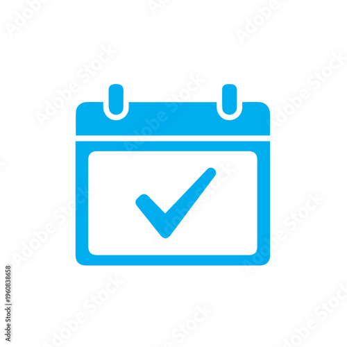 Simple cyan calendar symbol with a thick checkmark overlaid upon the grid, signifying timely confirmation or reservation.