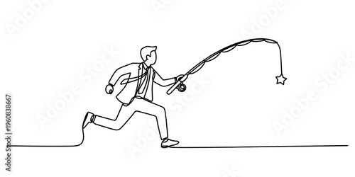 Continuous line drawing of a businessman running and chasing a star with a fishing rod