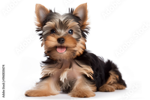 happy Yorkshire Terrier puppy dog on white background