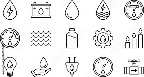 Set of water energy conservation icons featuring utility meters, plumbing valves, liquid drops, electrical power symbols, battery storage, and sustainability graphics.