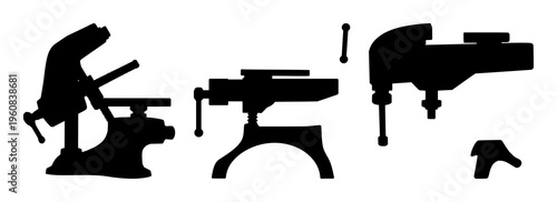 Blacksmith leg vise set with solid silhouette on white background featuring blacksmith, industrial, mechanical with sharp edges and historic trade
