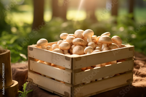 mushrooms champignons fresh in wooden crate blurred background