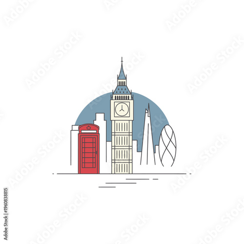 Iconic London Skyline with Big Ben and Red Telephone Box.