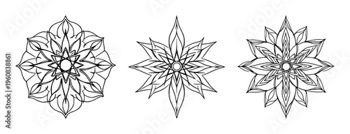 Flower of life set with symmetrical line art featuring sacred geometry, atom center, science-spirituality theme with white background and minimalist