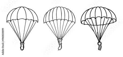 Parachute set with stylized descending icon illustrating emergency rescue featuring parachute, sky, silhouette with gradient and lines