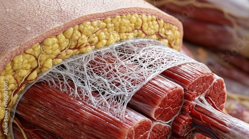 Detailed anatomical cross section showing human skin subcutaneous fat connective tissue and muscle fibers
