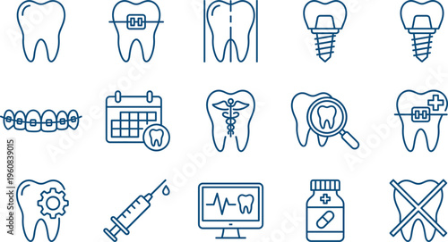 Dental care and stomatology line icon set featuring teeth, braces, dental implants, syringe, medical monitor, medicine bottle, and orthodontics symbols.