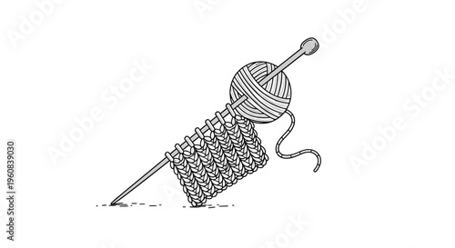 black and white line drawing of knitting needles and yarn