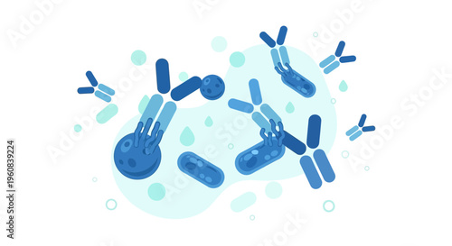Antibodies attacking viruses or bacteria, immune system defense, medical illustration