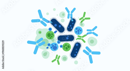 Antibodies attacking bacteria and viruses, immune system response, medical illustration