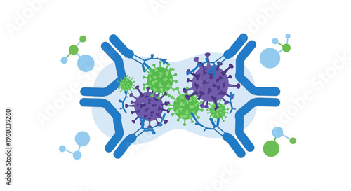 Antibodies neutralizing viruses, immune system fighting infection, scientific illustration
