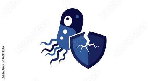 Broken Shield and Virus Icon: Cybersecurity Threat and Protection Concept