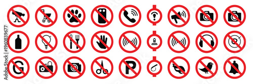 Restricted Sign Set Red Circle Slash Icons No Fire Sound Music Pets Food Photography Vector