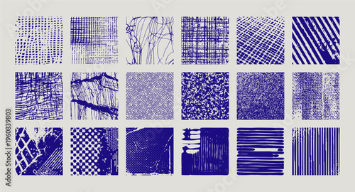 Grunge texture squares collection, abstract halftone and comic overlay vector set.