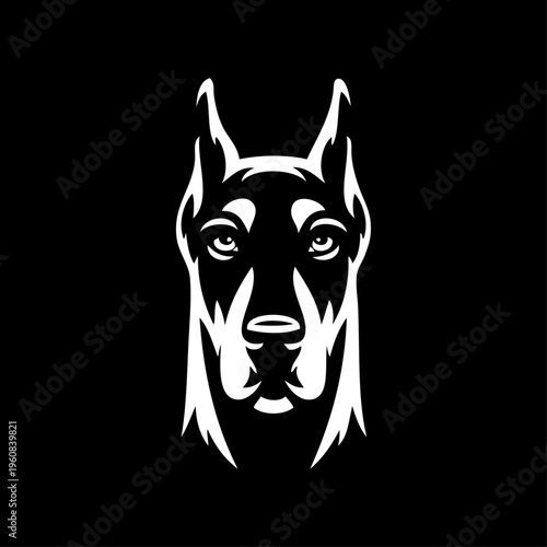 Logotipo con dibujo sencillo con líneas de la cabeza de un perro doberman vista de frente con fondo negro 