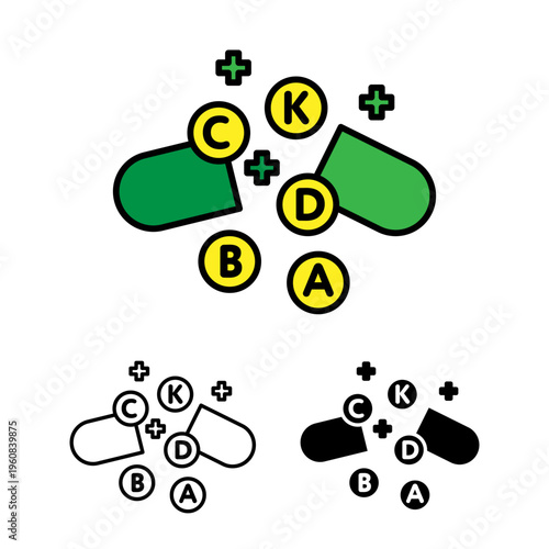 Vector icon set of broken capsule with vitamins A B C D K. Includes color, outline, and silhouette versions for supplement, healthcare, and nutrition designs.