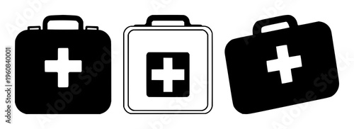 First aid kit medical silhouette set with flat black outline design featuring emergency, health, safety with medical and kit