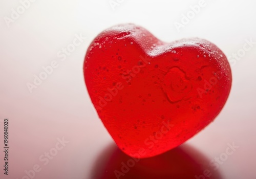 Close up of a bright red chewy gummy candy heart on a smooth surface. Sweet treat for celebrating affection and holidays, affection, background, holiday