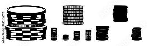 Coin stack silhouette set with bold outline and simple vector design featuring coins, currency, finance with money and wealth