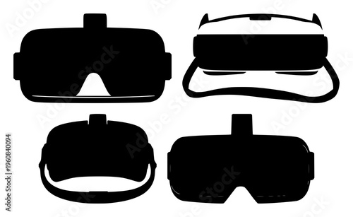 VR headset technology set with sleek silhouette design of a futuristic headset featuring gaming, immersive experience, high-tech with augmented reality and motion sensors