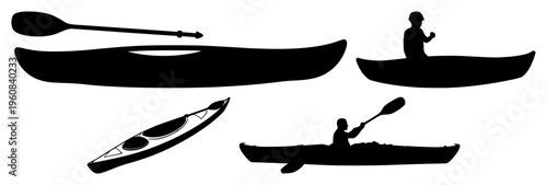 Kayak and paddle silhouette set with minimalist black shapes on calm water background featuring outdoor, sports, recreation with kayaking and water sports