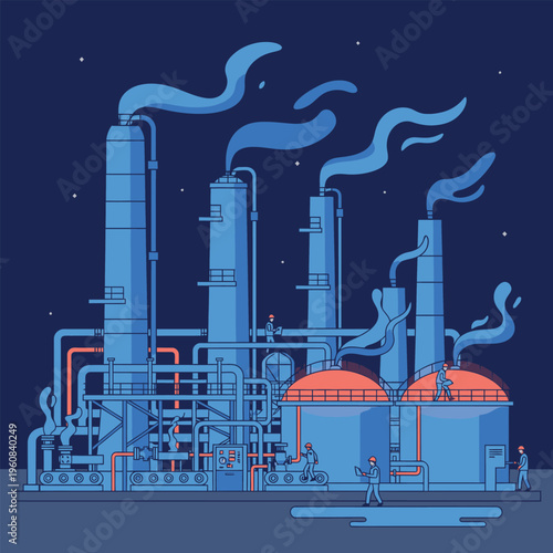Industrial Chemical Plant with Smokestacks at Night.