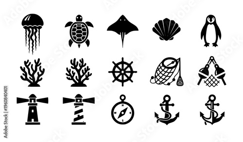 Flat Black Sea Creature and Nautical Icon Pack for Marine, Coastal, and Ocean Projects