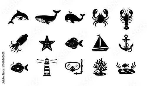 Minimalist Black Marine Life and Nautical Icon Vector Set for Ocean, Sea, and Beach Designs
