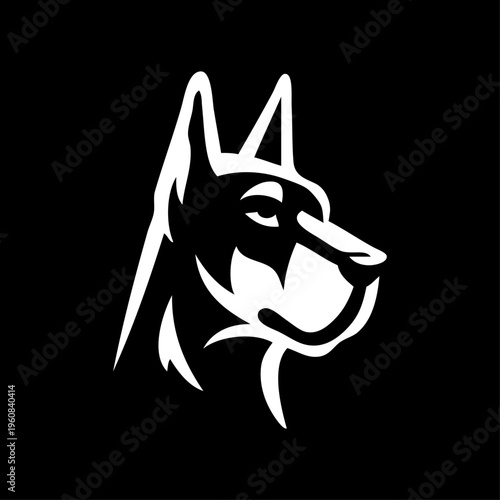 Logotipo con dibujo sencillo con líneas de la cabeza de un perro doberman vista de perfil con fondo negro 