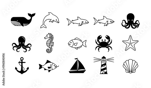 Professional Minimalist Marine Animal and Nautical Icon Vector Set for Ocean and Coastal Design