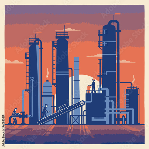 Industrial Chemical Plant with Workers at Sunset.