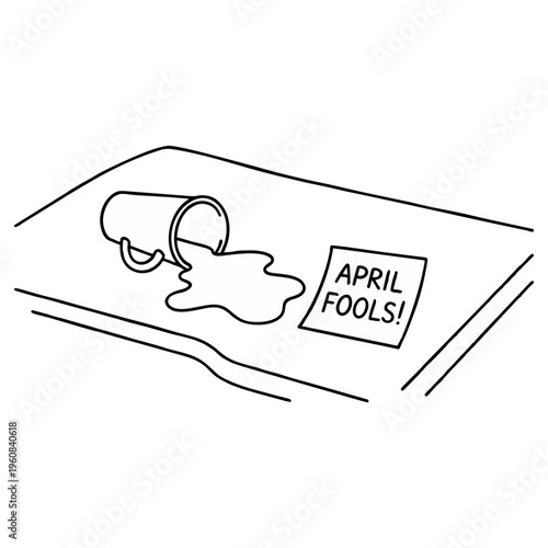 Classic April Fools' Day prank featuring a cleverly designed fake spilled coffee cup tricking unsuspecting victims at their desk, creating a humorous surprise.