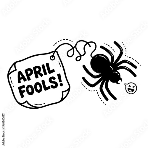 Black cartoon spider connected to an 'April Fools!' note, a classic prank illustrating humor, trickery, and playful deception for celebrations.
