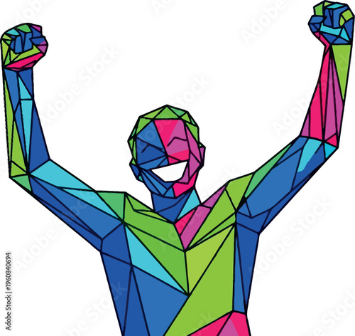 Geometric superhero celebrating triumph with colorful polygonal design and raised fists
