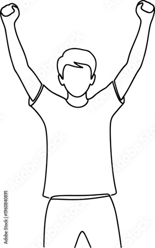 A triumphant person raising both arms in victory pose with a sports outfit