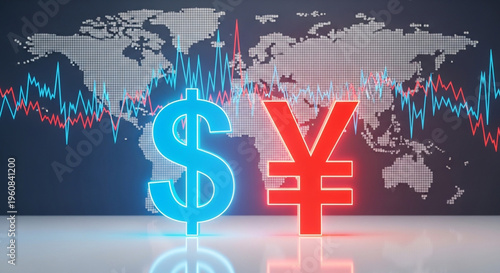 3D dollar and yen currency symbols glowing on global financial market background